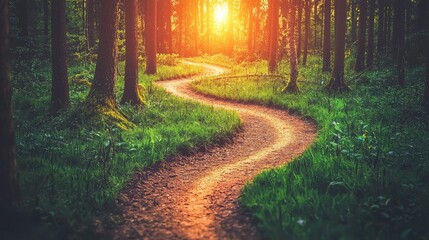 Obraz premium Winding forest path illuminated by sunset glow, vibrant greenery surrounding the way.