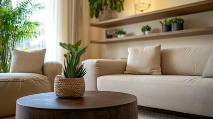 Naklejka premium Modern living room with a beige sofa, wooden coffee table, and potted plants