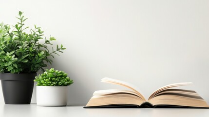 Open book with green potted plants on minimalist desk in soft lighting