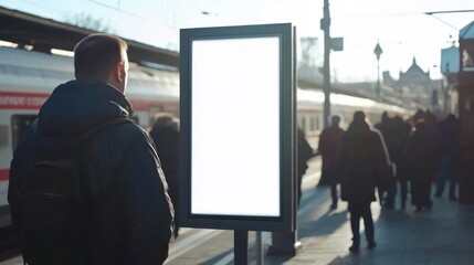 Mockup. Lightbox vertical billboard with blank digital screen on a train station. white blank poster advertisement Public information boards stand at &agrave;&cedil;&ordm;big stations in front of people and trains in. 