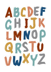 ABC alphabet poster design with colorful letters isolated on white background in modern flat style.
