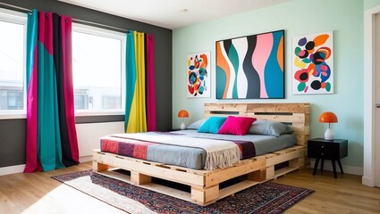 Modern bedroom with pallet bed abstract art and playful pops of color