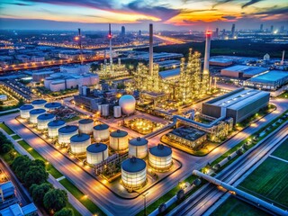 Fototapeta premium Aerial View of a Large Chemical Refinery Plant in an Industrial Zone with Storage Tanks and Pipelines, Modern Infrastructure and Machinery, Environmental Impact, Pollution Control