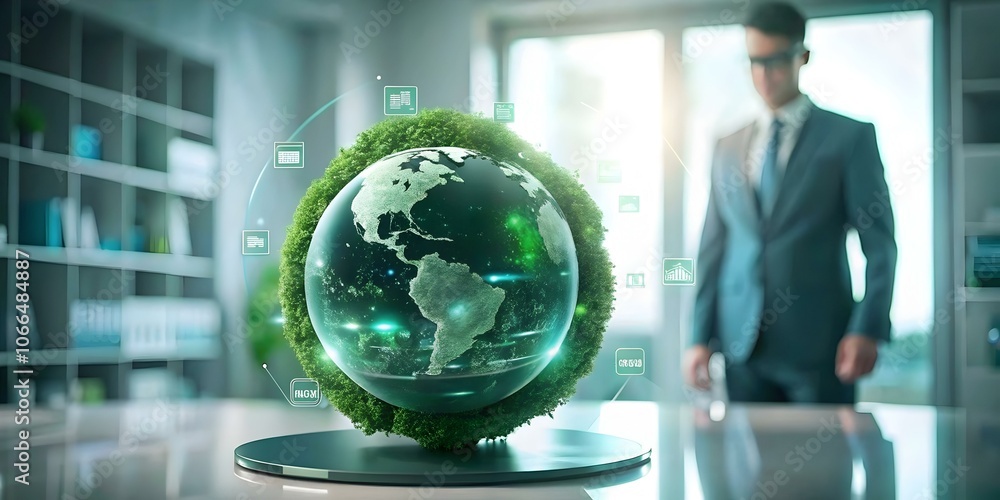Poster business executive optimizing digital green supply chain on glossy background highlighting advanced 