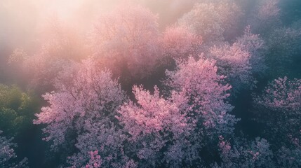 a landscape filled with lush sakura trees, their branches heavy with delicate pink blossoms. Consider the play of light as sunlight filters through the petals.