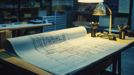 a large, rolled-out blueprint on a drafting table, displaying various plans, measurements, and annotations for a building or mechanical device.