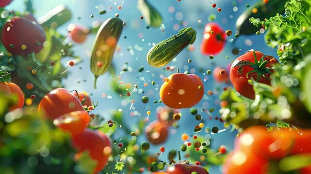 Freshness in Motion: A vibrant symphony of fresh vegetables explodes in a burst of color and energy, capturing the essence of healthy living and natural goodness.  