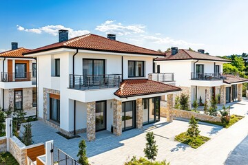 New Bulgarian townhouses with modern designs and crimson roofing.