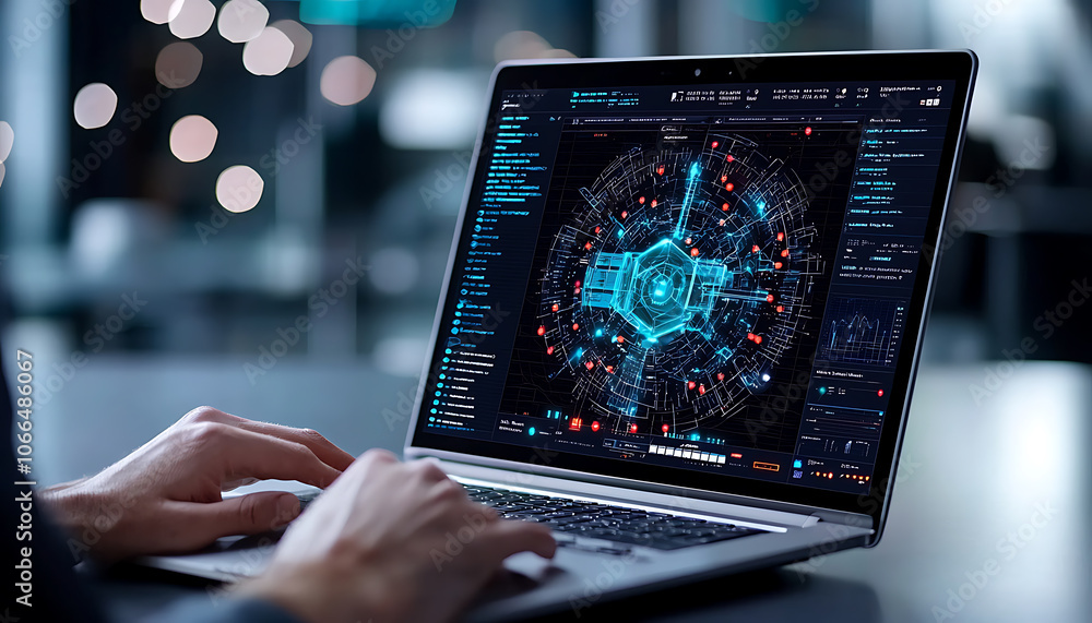 Poster enhancing cyber threat monitoring using advanced interface on laptop for real-time security analysis