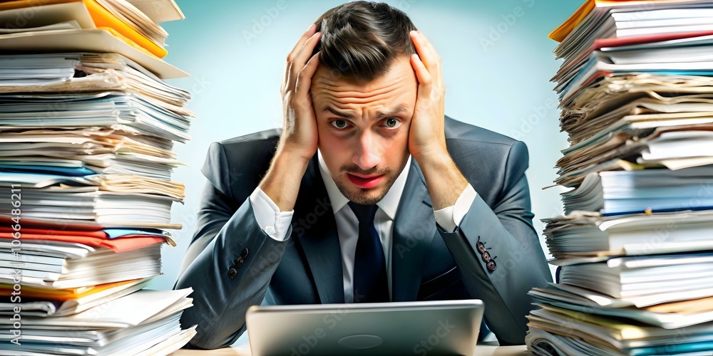 Poster business executive overwhelmed data overload macro close up image concept stress handling large data