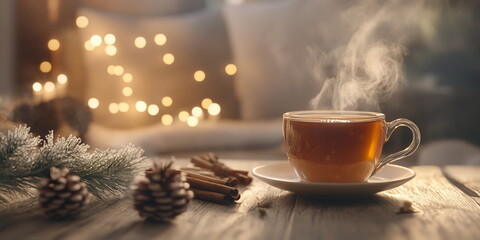 A photo of a  cup of hot coffee/chocolate/tea on a table with  a candle, cinnamon and christmas decorations, blurred bokeh background wallpaper
