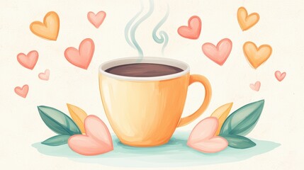 A cozy cup of hot coffee surrounded by colorful hearts and leaves