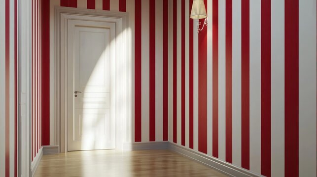 A minimalist red and white striped wallpaper that adds a fresh and contemporary touch to a small entryway or hallway, enhancing the space while keeping it stylish.