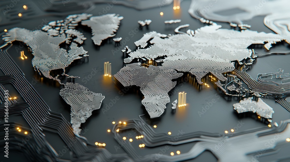Poster explore the intersection of global business and technology through circuit line world map