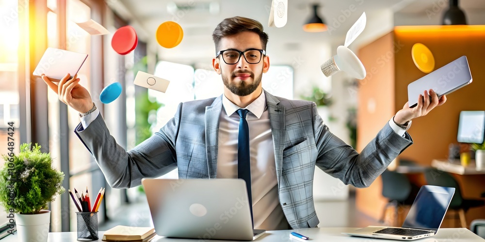 Poster entrepreneur overwhelmed juggling multiple tasks in soft abstract setting | conceptual image depicti