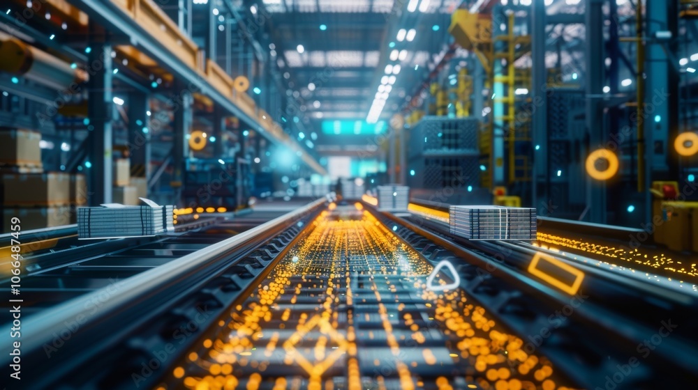 Poster automated conveyor belt transporting metal products in a smart factory, enhanced with a futuristic d