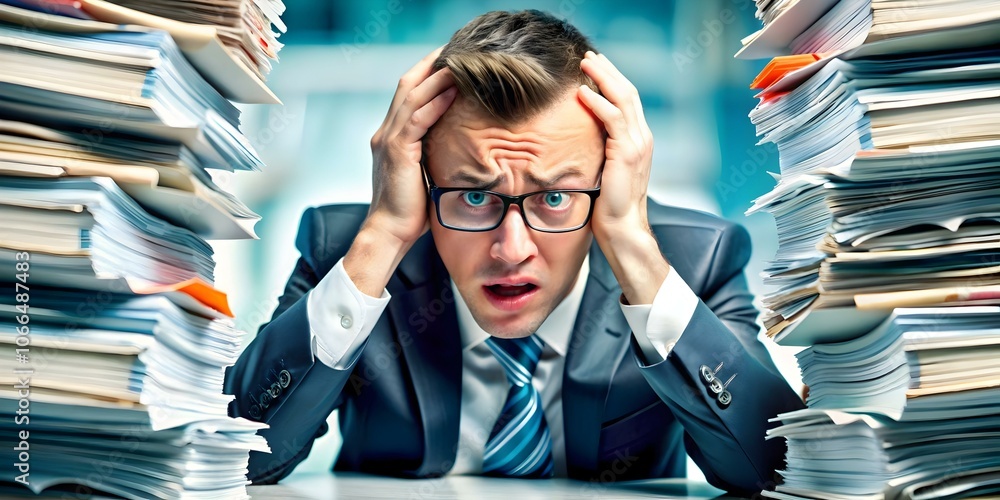 Poster business executive overwhelmed by data overload macro close up image capturing stress of large datas