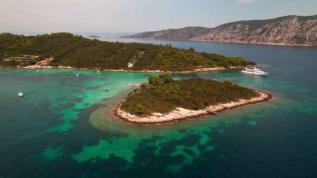 Offshore Mala Kneza Island In Racisce, Adriatic Sea, Croatia. Aerial Drone Shot