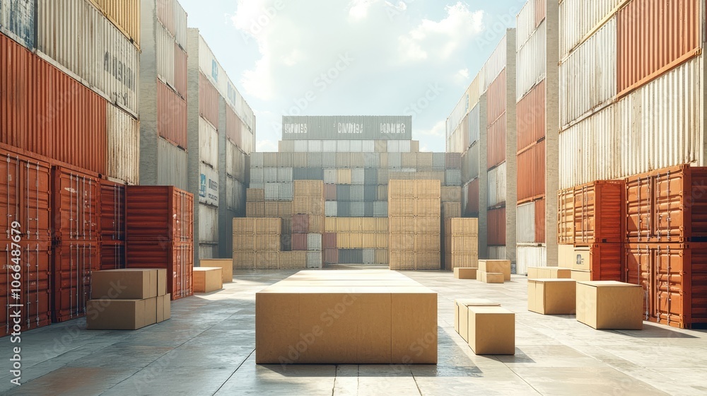 Poster a large shipping container yard with stacked containers and boxes in the foreground, creating an abs