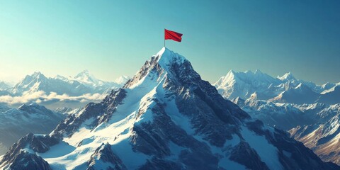 Success Summit Abstract Mountain Peak with Triumph Flag, Symbolizing Peak Performance and Achievement at the Pinnacle Level