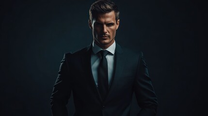 Obraz premium A moody studio portrait of a man in a dark suit, creating a sense of sophistication and intensity