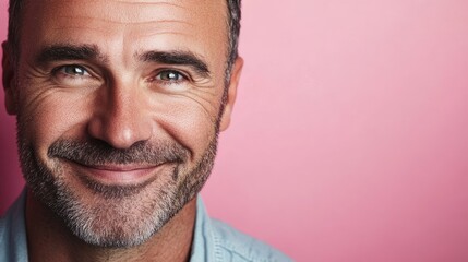 Close-up of a handsome middle-aged man smiling at the camera against a pink background. This image captures the essence of good feelings, skincare, and beauty concepts, providing ample copy space.
