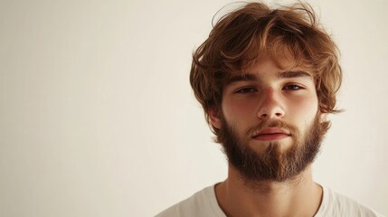 Fototapeta premium Portrait of a young brown-haired guy with a beard on a white background, capturing the essence of youthful masculinity, with ample space for text or graphics in the design.