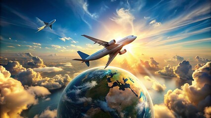 Naklejka premium Aerial View of Plane Globe Icon: Stunning Aircraft Symbolizing Global Travel and Connectivity in an Artistic Representation of Plane Iconography
