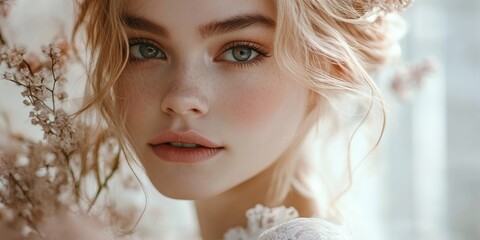 Fototapeta premium A close up portrait of an elegant young woman with blonde hair, adorned with flowers, set against a light background. This indoor image showcases her beautiful makeup and unique hairstyle.