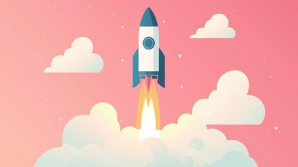 A colorful rocket ascends through fluffy clouds against a pink sky, exploration and innovation.