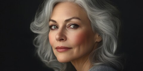 Naklejka premium A striking portrait showcases a lovely middle aged woman with grey hair, radiant skin, and an overall appearance that reflects her beauty and health.