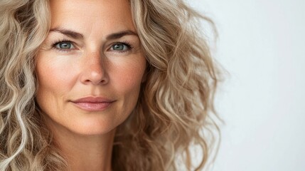 Fototapeta premium Portrait of a beautiful middle-aged woman with long blond curly hair, showcasing healthy and smooth skin. The close-up shot emphasizes her features with ample copy space on a white background.