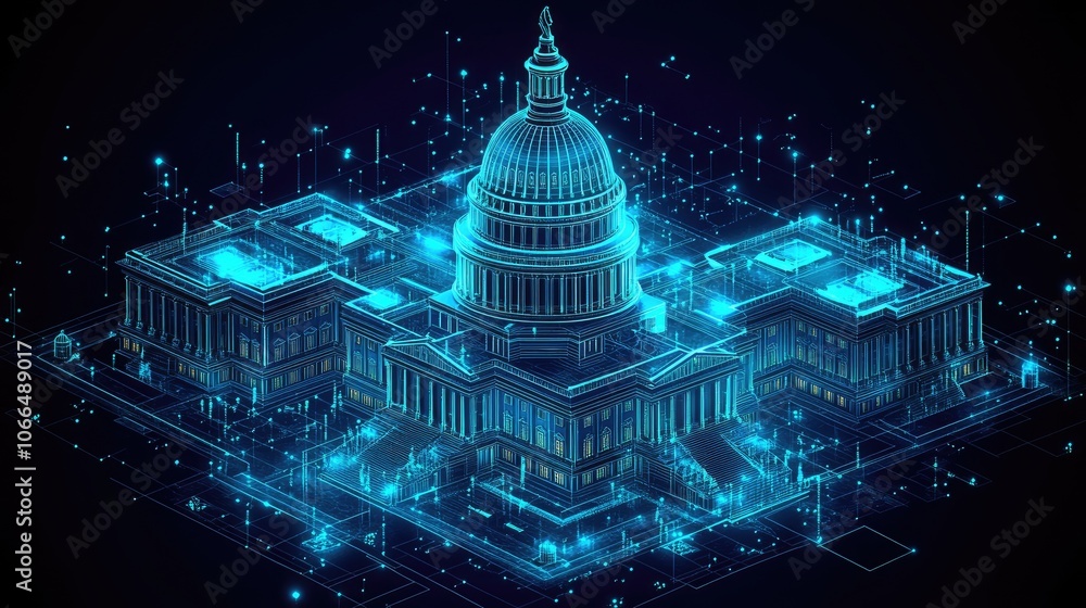 Poster a digital rendering of the us capitol building with glowing lines representing the flow of informati