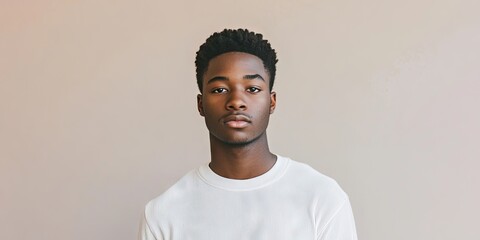 Fototapeta premium A young African American male stands in front of a plain, solid colored backdrop, emphasizing his presence against the simplicity of the background.