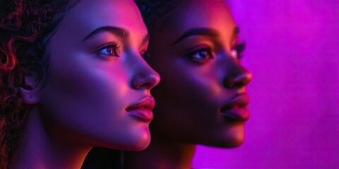 Obraz premium Two focused women are silently listening against a vibrant purple background. Their attentiveness is evident amidst the striking purple setting.