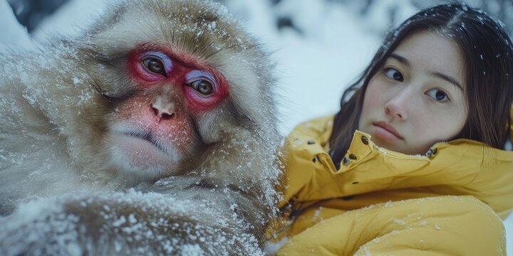 A close up of a magnificent snow monkey resting in the snow on a sled, accompanied by a young female traveler in a yellow jacket gazing to the right.