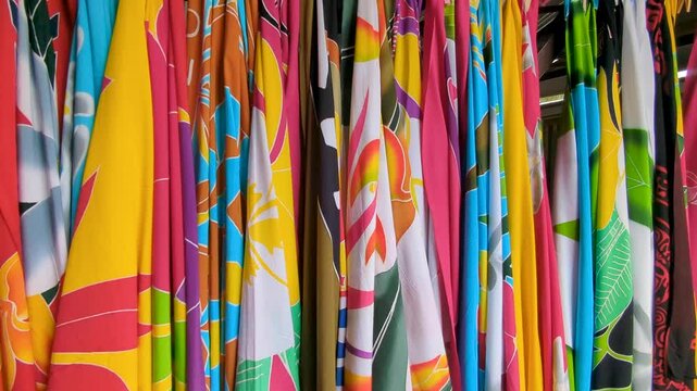 Beautiful colourful Tahitian Pareo traditional patterned clothing hanging on line with clothes pegs on Moorea Island Tahiti, French Polynesia