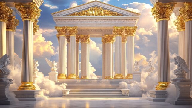 Grand Stage of Greek Mythology Marble Columns and Deities amidst Clouds and Golden Thrones in Olympus