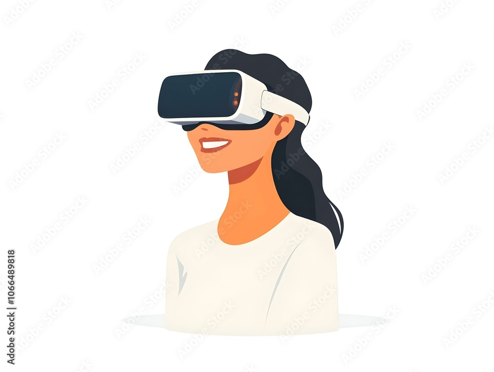 Poster flat person smiling in virtual reality with bokeh effects - simple flat vector illustration of happy