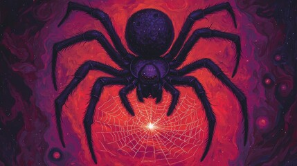 Obraz premium A large, stylized spider is depicted against a vibrant cosmic background of reds and purples