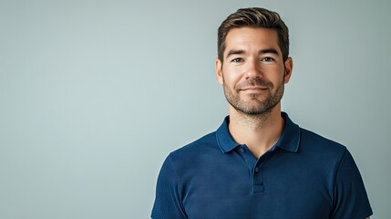 Fototapeta premium Portrait of a man in a blue polo shirt set against a light gray background, capturing the essence of casual style with an emphasis on the blue polo shirt. Ample space for text and design.