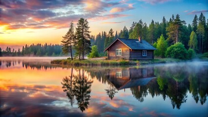 Fototapeta premium Ancient House by Lake Karelia at Dusk – Serene Low Light Photography of Rustic Architecture Amidst Nature's Beauty
