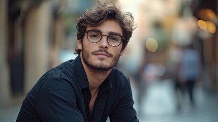 Fototapeta premium Trendy young man with a modern hipster style, dressed in a fashionable black shirt and trendy glasses, seated on the street, exuding a casual vibe with ample copy space.
