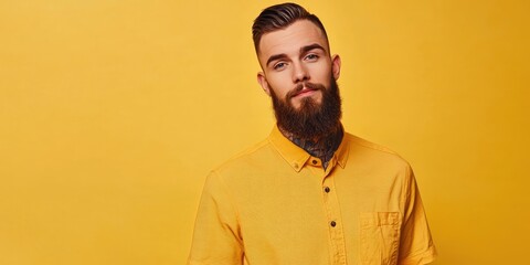 Fototapeta premium A good looking young male with a beard dressed in a shirt stands against a vibrant yellow backdrop. The attractive young man features a beard and a stylish shirt, all on a yellow background.