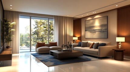 Modern Living Room with Beige Sofa, Wooden Accent Wall, and Blue Rug