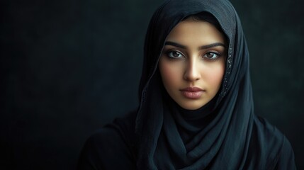 Naklejka premium Portrait of an Arab woman in an abaya, capturing the elegance and cultural significance of traditional attire. Abaya adds to the beauty of the portrait, with ample copy space for text.