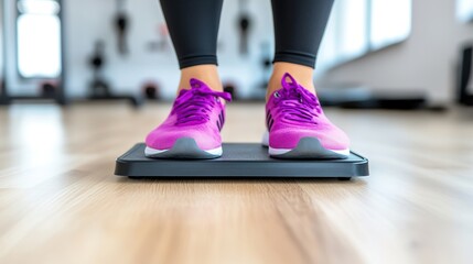 Young Woman Weighing Herself on Minimalistic Scale