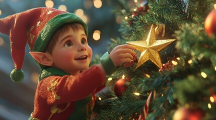Young kid in a christmas elf costume places a golden star on a festive christmas tree