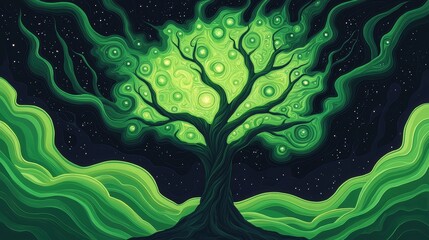 A vibrant, glowing green tree against a dark starry background, life and nature's beauty.