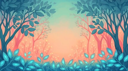 A tranquil forest scene with stylized trees and colorful foliage